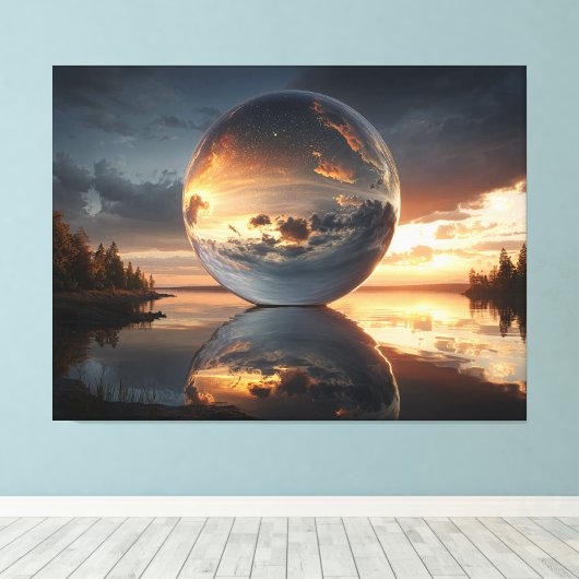 Surreal Reflective Sphere With Sunset Clouds Over Canvas Afdruk (Insitu (Houten vloer))