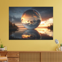Surreal Reflective Sphere With Sunset Clouds Over Canvas Afdruk