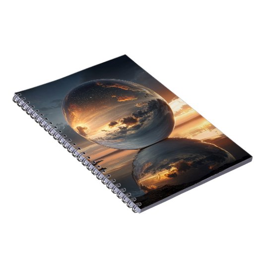 Surreal Reflective Sphere With Sunset Clouds Over  Notitieboek (Rechterzijde)