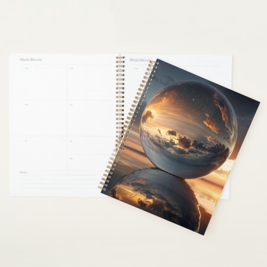 Surreal Reflective Sphere With Sunset Clouds Over Planner (Display)