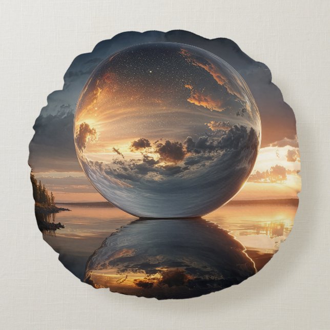 Surreal Reflective Sphere With Sunset Clouds Over  Rond Kussen (Voorkant)