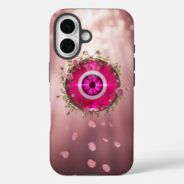 Surreal roze boze oog met rozenranken iPhone 16 hoesje