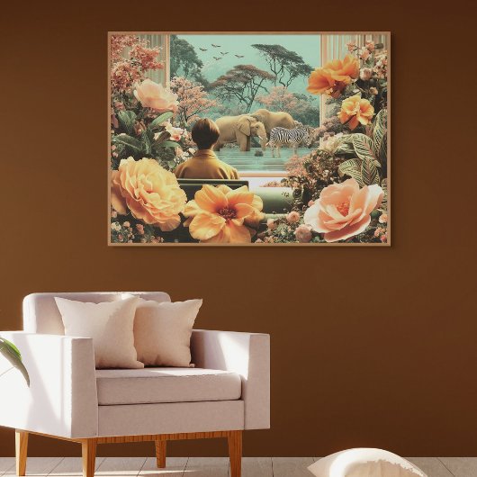 Surreal Safari Scene With Elephants Zebras Canvas Afdruk