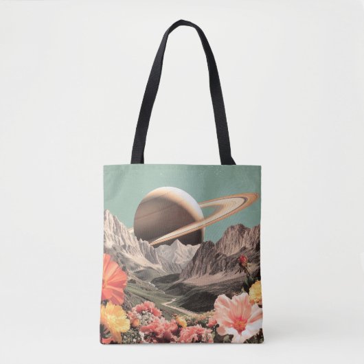 Surreal Saturn Over Mountain Valley Tote Bag (Voorkant)