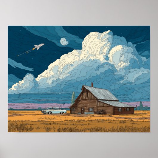 Surreal Sci-Fi Farm with Rocket Launch Illustratio Poster (Voorkant)