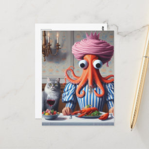 Surreal Seafood Meal Octopus Vrouw Roze Kroon Briefkaart