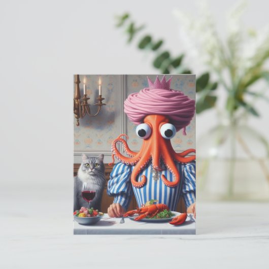 Surreal Seafood Meal Octopus Vrouw Roze Kroon Briefkaart (Staand voorkant)
