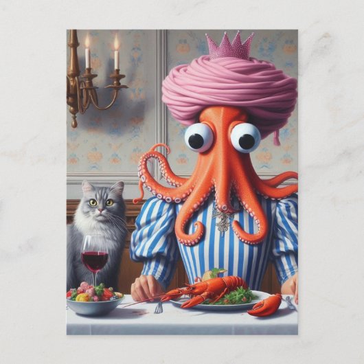 Surreal Seafood Meal Octopus Vrouw Roze Kroon Briefkaart (Voorkant)