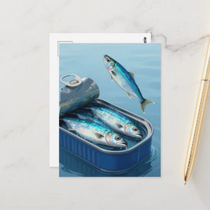Surreal springende sardines uit blik briefkaart