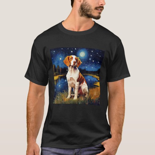 Surreal Starry Night Brittany Spaniel Dog T Shirt (Voorkant)