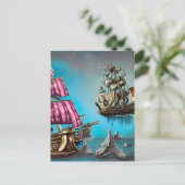 Surreal Steampunk Floating Ship & Roze Zeilen Briefkaart (Staand voorkant)