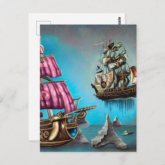 Surreal Steampunk Floating Ship & Roze Zeilen Briefkaart (Voorkant / Achterkant)