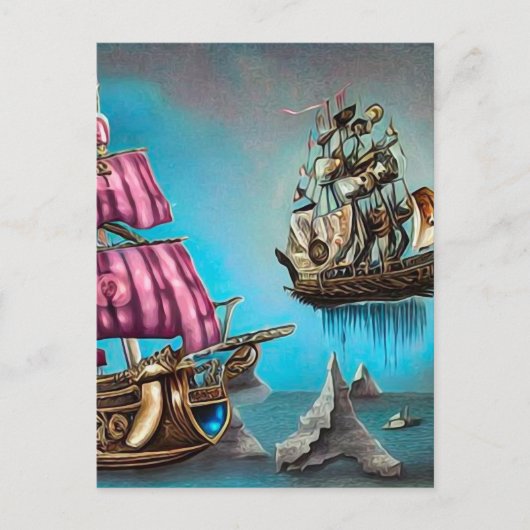 Surreal Steampunk Floating Ship & Roze Zeilen Briefkaart (Voorkant)