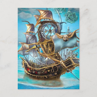 Surreal Steampunk Gold Trim Ship Briefkaart