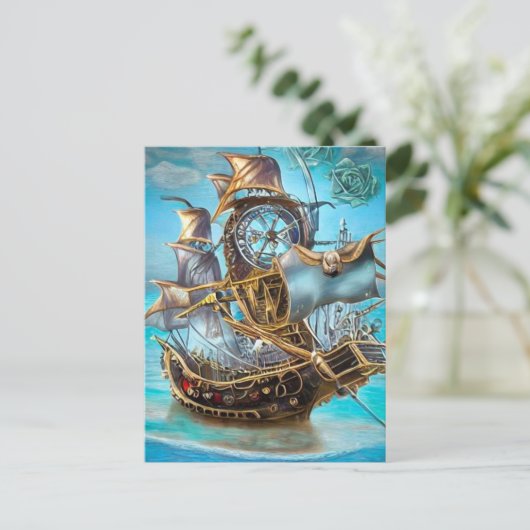 Surreal Steampunk Gold Trim Ship Briefkaart (Staand voorkant)