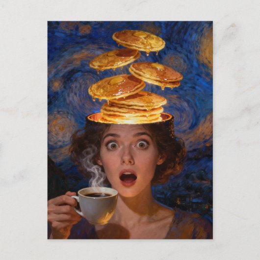 Surreal Surprised Breakfast Pancakes Coffee Woman  Briefkaart (Voorkant)