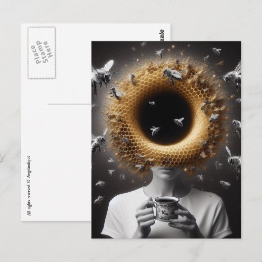 Surreal Tea Time Bijen Honingraat Zwart Gat Hoofd Briefkaart (Voorkant / Achterkant)