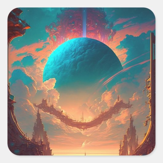 Surreal Towers Planet Visionary Landscape Vierkante Sticker (Voorkant)