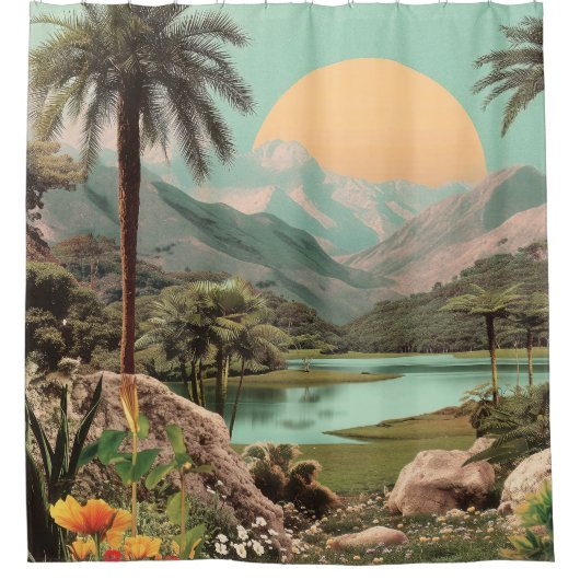 Surreal Tropical Lake With Palm Trees Douchegordijn (Voorkant)