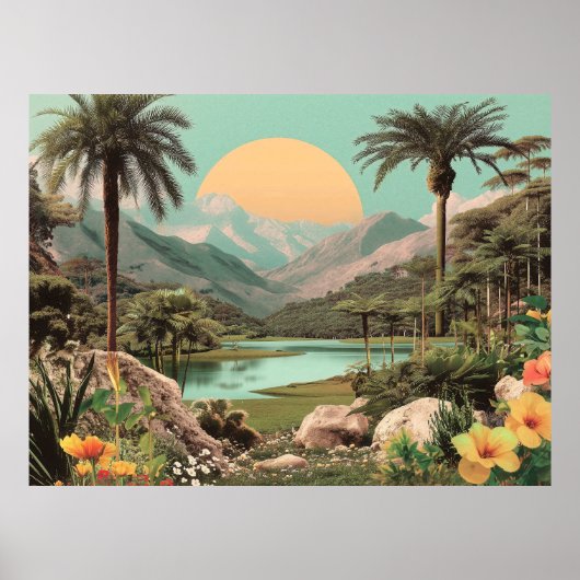 Surreal Tropical Lake With Palm Trees Poster (Voorkant)