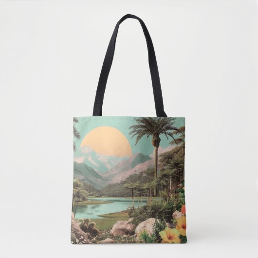 Surreal Tropical Lake With Palm Trees Tote Bag (Voorkant)