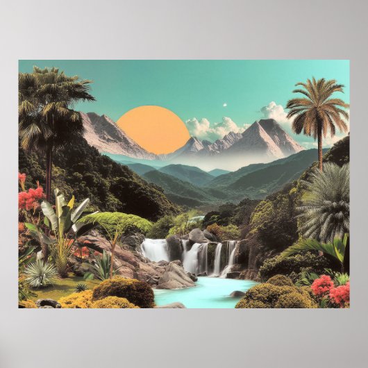 Surreal Tropical Valley With Waterfalls Poster (Voorkant)