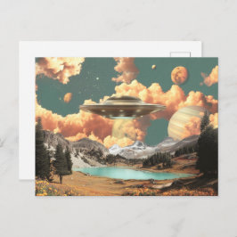 Surreal UFO Above Mountain Lake with Planets Briefkaart