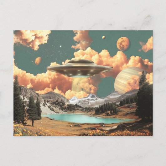 Surreal UFO Above Mountain Lake with Planets Briefkaart (Voorkant)