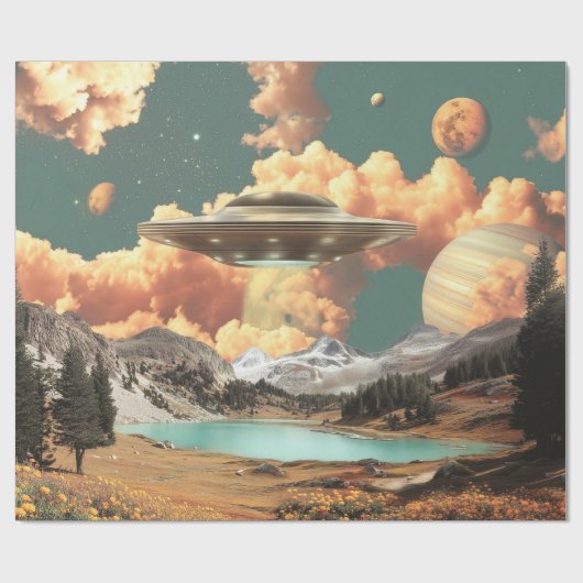 Surreal UFO Above Mountain Lake with Planets Cadeaupapier (Vlak)