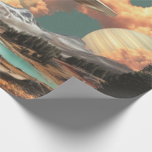 Surreal UFO Above Mountain Lake with Planets Cadeaupapier (Hoek)