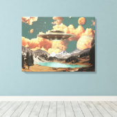 Surreal UFO Above Mountain Lake with Planets Canvas Afdruk (Insitu (Houten vloer))
