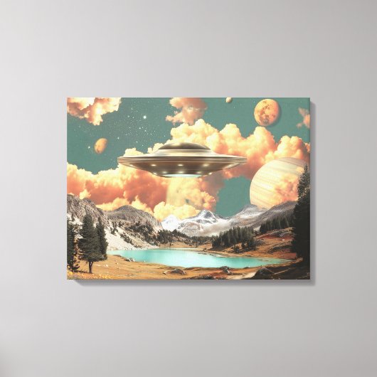 Surreal UFO Above Mountain Lake with Planets Canvas Afdruk (Voorkant)