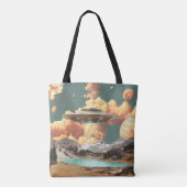 Surreal UFO Above Mountain Lake with Planets Tote Bag (Achterkant)