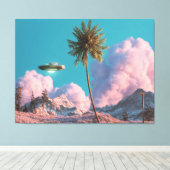 Surreal UFO and Palm Tree Mountain Scene Canvas Afdruk (Insitu (Houten vloer))