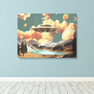 Surreal UFO boven bergmeer met planeten Canvas Afdruk