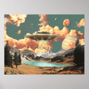 Surreal UFO boven bergmeer met planeten Poster