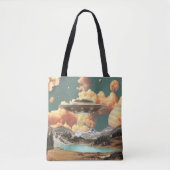 Surreal UFO boven bergmeer met planeten Tote Bag (Voorkant)