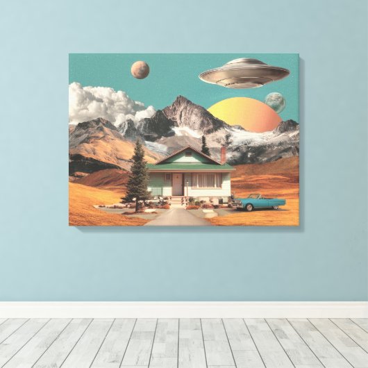 Surreal UFO boven rustieke huis Canvas Afdruk (Insitu (Houten vloer))
