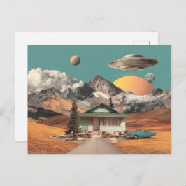 Surreal UFO Over Rustic House Briefkaart