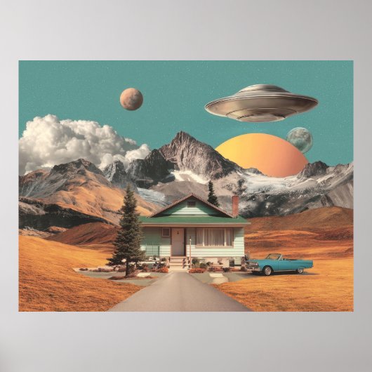 Surreal UFO Over Rustic House Poster (Voorkant)