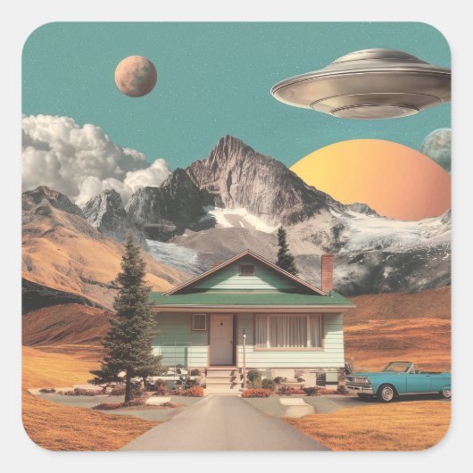 Surreal UFO Over Rustic House Vierkante Sticker (Voorkant)