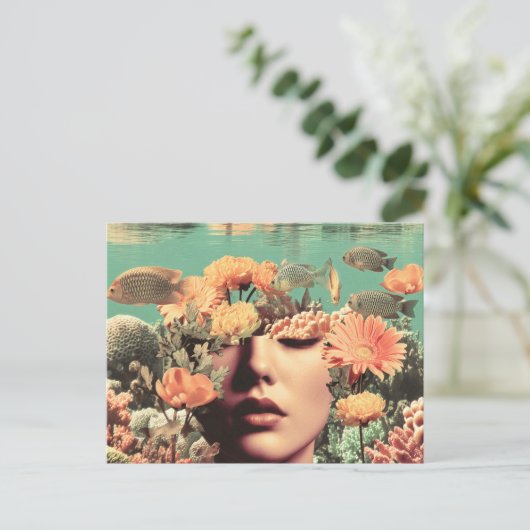 Surreal Underwater Portrait With Coral Flowers Briefkaart (Staand voorkant)