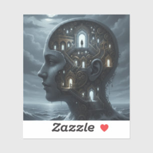 Surreal vrouwenhoofd met kamers komt op uit zee sticker