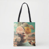 Surreal vrouwenportret met bloemen die ogen bedekk tote bag (Voorkant)