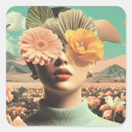 Surreal vrouwenportret met bloemen die ogen bedekk vierkante sticker