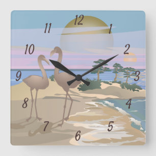Surreal Waterverf Flamingos Ocean Beach Shore Rou Vierkante Klok