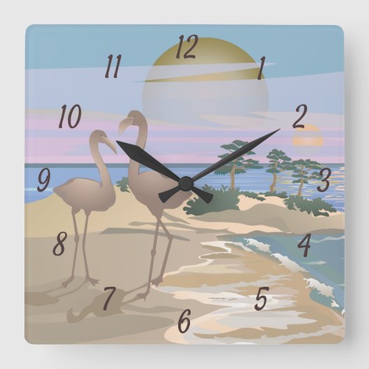 Surreal Waterverf Flamingos Ocean Beach Shore Rou Vierkante Klok (Voorkant)