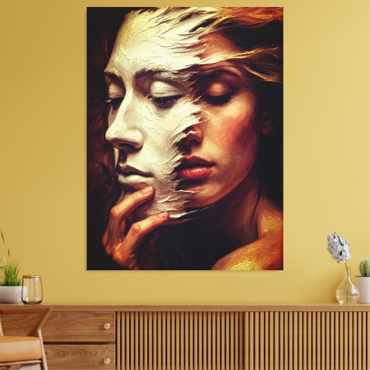 Surreal Woman Portrait with Painted Mask Canvas Afdruk (Insitu (Woonkamer))