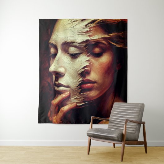 Surreal Woman Portrait with Painted Mask Wandkleed (In situ)