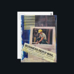 Surreal Working Man Collage Briefkaart<br><div class="desc">A surreal collage made and photographed by Angelandspot in the year 2026 with vintage images from a magazine from the 1980s era of a man working,  a retro computer,  and a bookcase</div>